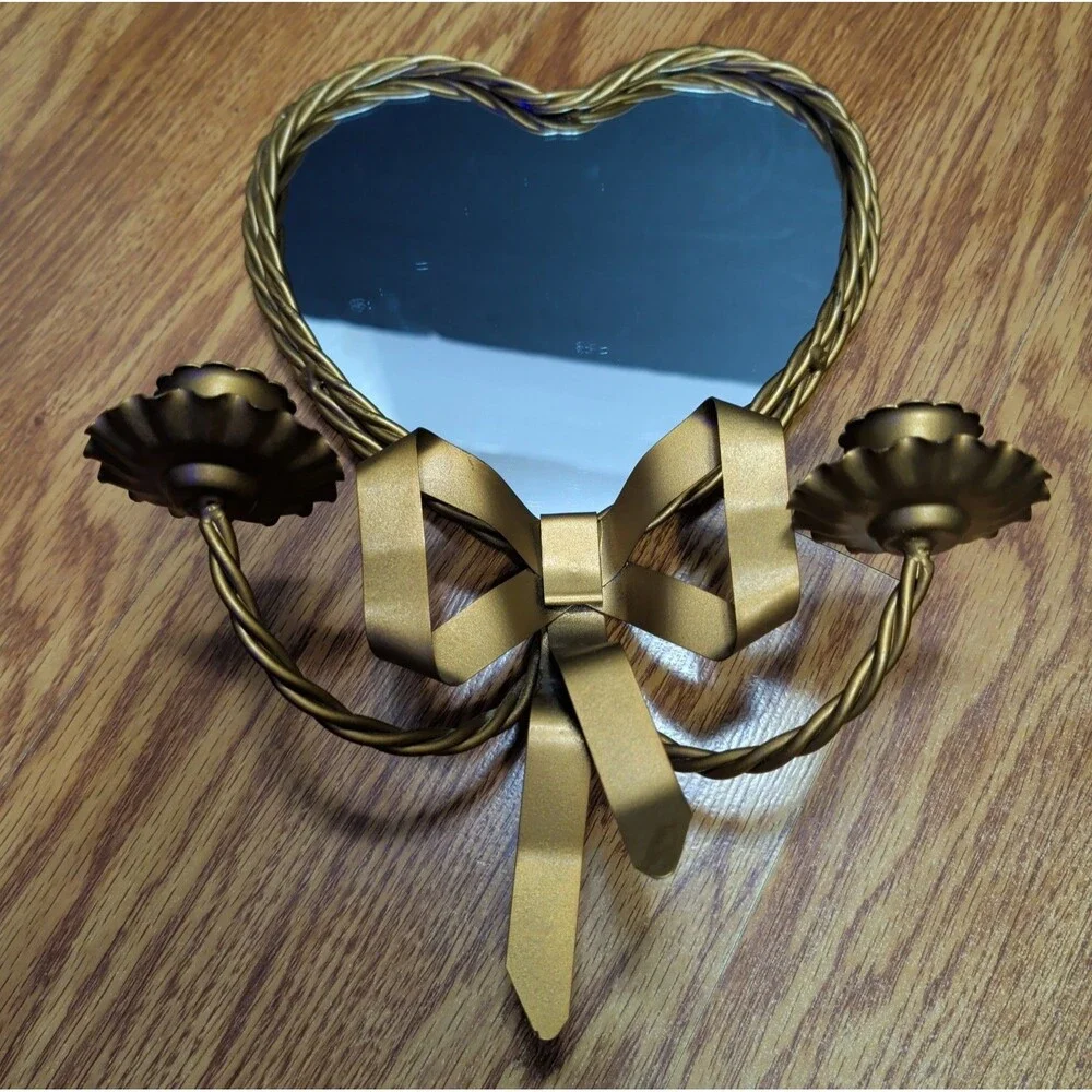 Vtg Braided Gold Metal Heart Shaped Mirror Double Candle